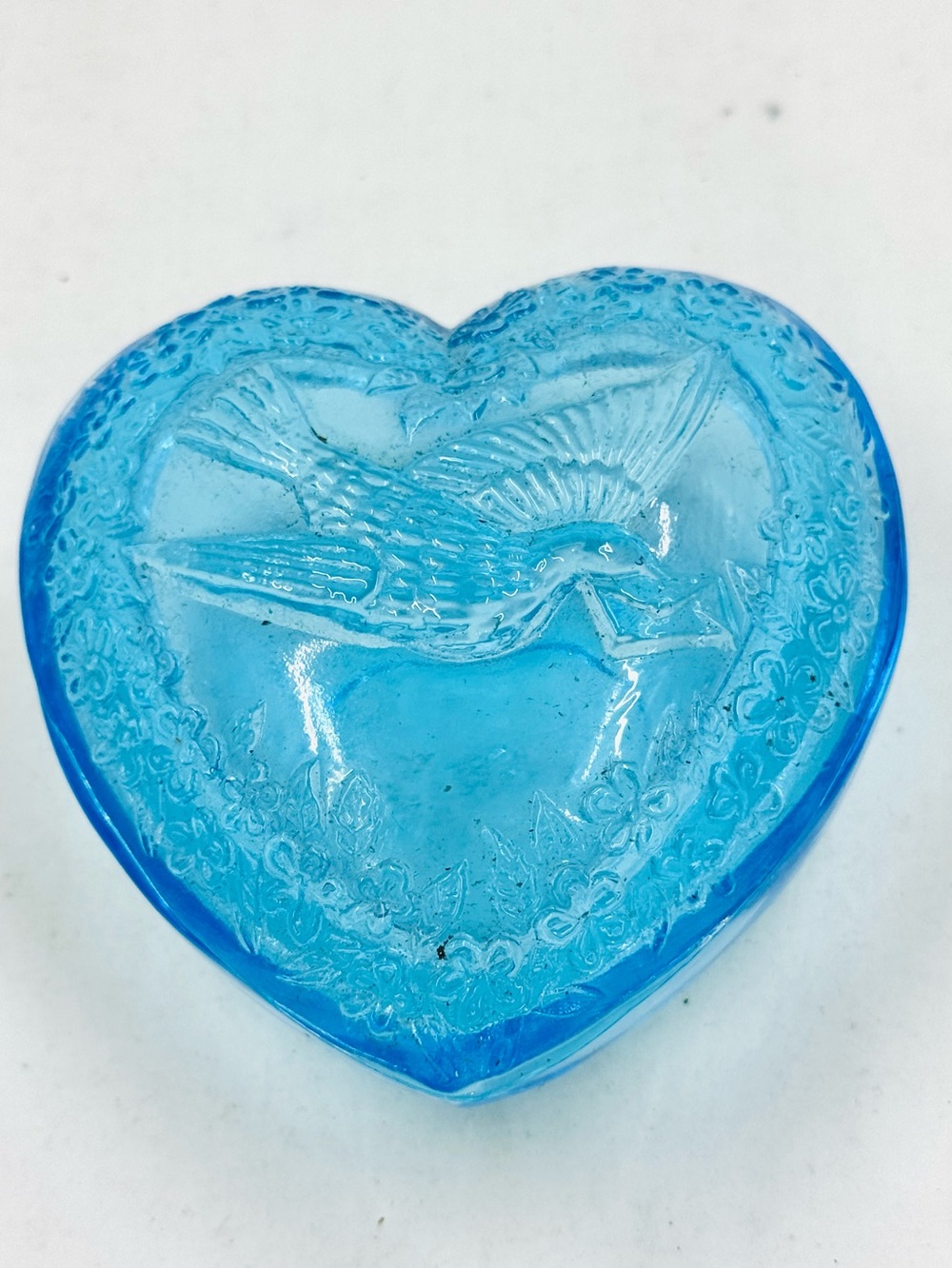 Mosser Glass Vintage Blue Heart W/Bird Lidded Trinket Dish 3”X3”